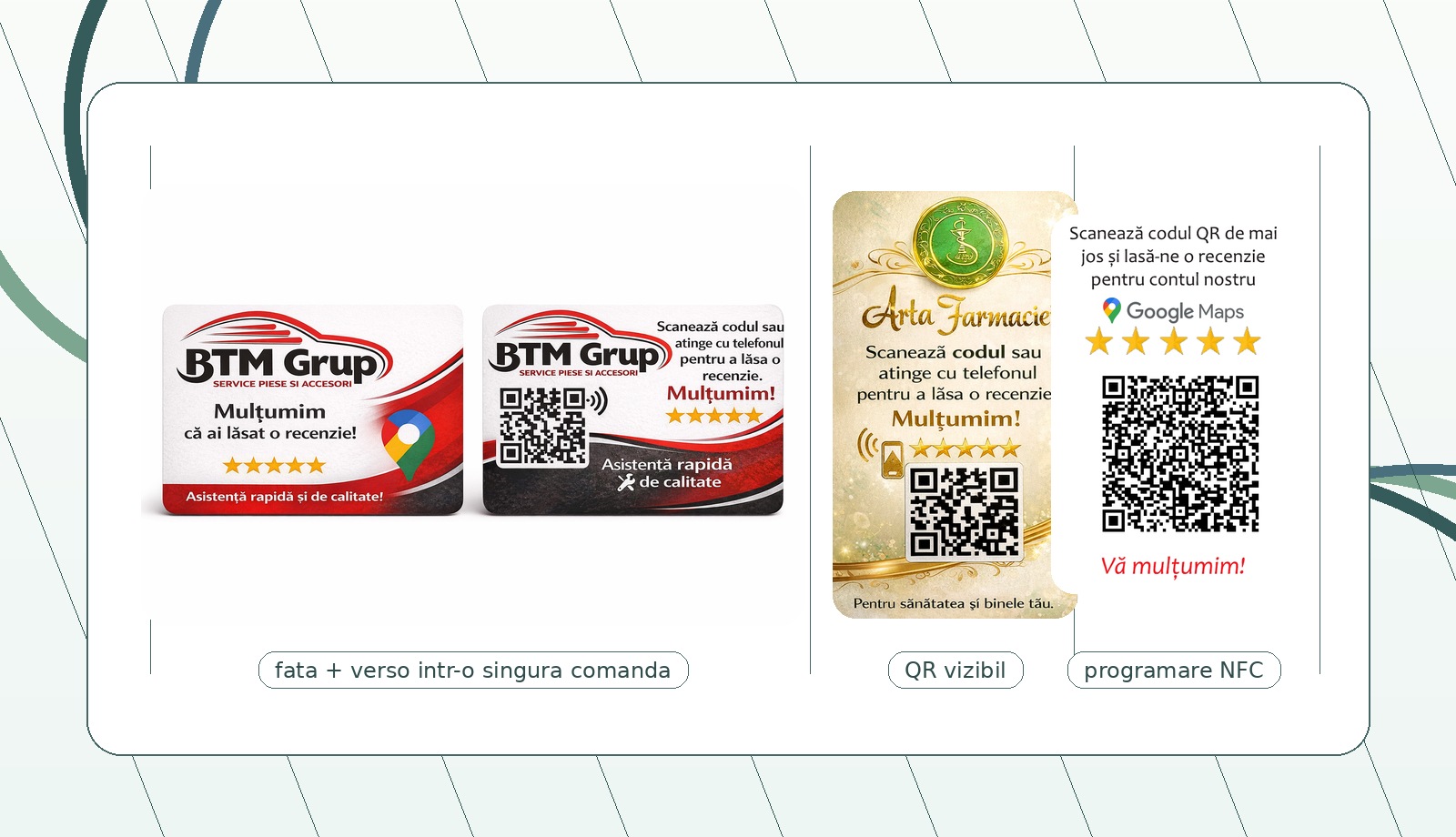 Detalii de design pentru carduri NFC cu QR și programare pentru recenzii GBP